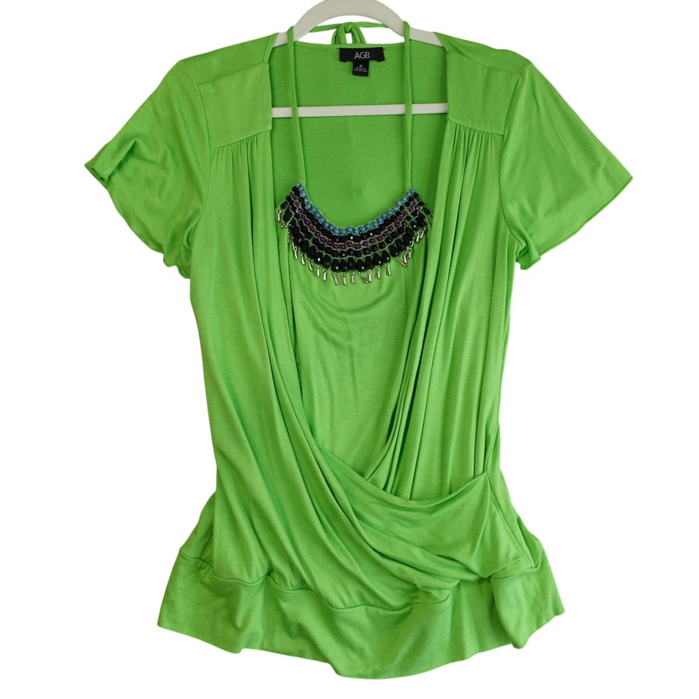 Vintage Y2K AGB Top Womens M Lime Green Beaded Halter Wrap Layered Festival Boho
